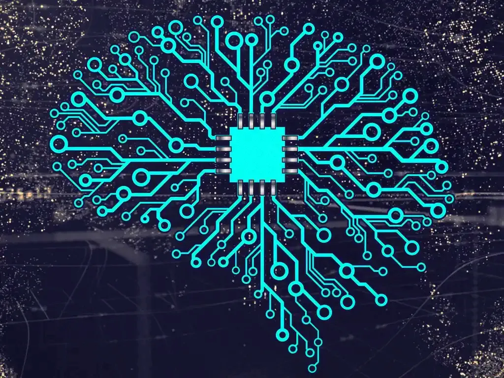 Representación digital de una red neuronal artificial con un chip central, simbolizando la arquitectura de DeepSeek y la evolución de la inteligencia artificial.