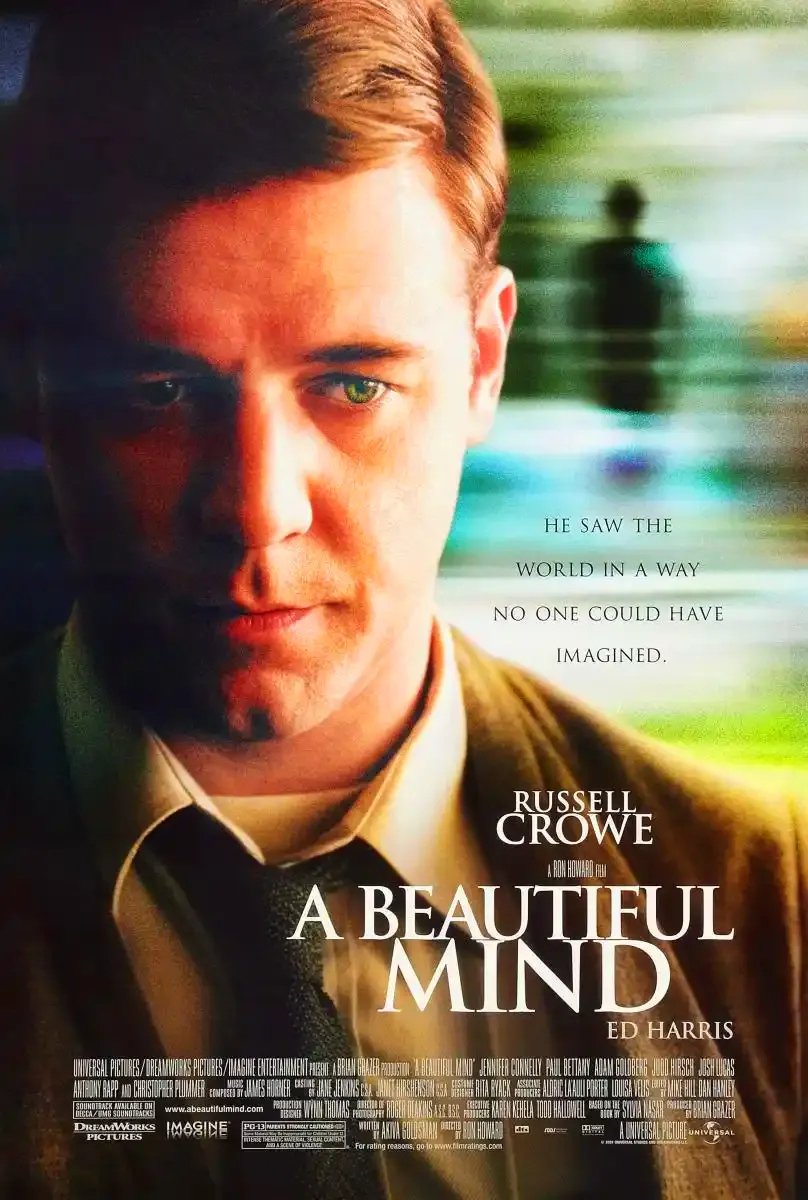 Portada de la película Una Mente Brillante, protagonizada por Russell Crowe como John Nash, mostrando un retrato de su vida y contribuciones matemáticas.